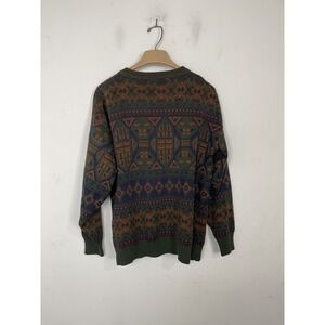 Stephen Men Vintage Fair Isle Cardigan Sweater Green Blue Rust Geometric Pattern